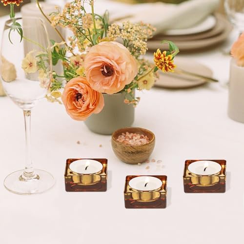 CHOCSTAY Tealight Candle Holder Set of 6, Amber Glass Candle Holder Heat-Resistant Square Holders for Wedding, Party, Home D&eacute;cor
