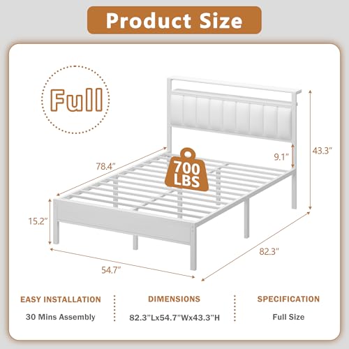 Image of Furnulem White Full Size Bed Frame with Charging Station & Led Lights, PU Leather Upholstered Headboard with 2-Tier Storage Shelves, No Box Spring Needed, Metal Slat Support, Solid and Stable