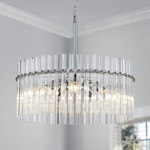 Shrine Lighting Drum Chandeliers, Modern Design, Chrome Pendant Light Fixture for Living Space, D18'' x H17'', Adjustable Chains 59", E12*5 Sockets, Clear Glass Lampshade & Chrome Finish Frame