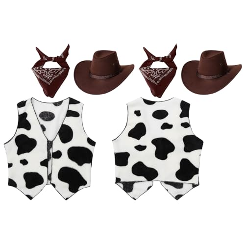 Choomomo Kids Cowboy Cowgirl Outfits Cow Pattern Western Vest with Drawstring Hat and Bandanna Scarf3