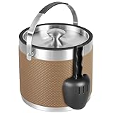 3.2L Eiswürfelbehälter mit Deckel und Schaufel, Upgrade Lederdesign Edelstahl Eiskübel, Doppelwandiger Isolierter Eisbehälter für Cocktailbar und Party (Braun)