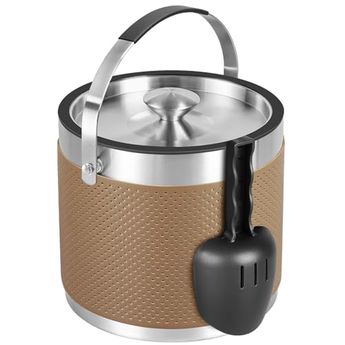 Seau a glacon en acier inoxydable de 3,2 litres avec couvercle et pelle, Design en cuir amélioré seau a glacon isotherme double paroi pour les bars à cocktails et les fêtes (marron)