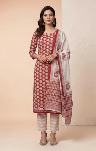 Image of Eddika women unstitched hand block printed cotton suit set with mulmul dupatta ehbpcswmd0120P