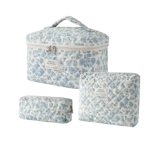 RSRSLEII 3Pcs Large Quilted Makeup Bag for Women(14 3pcs Light Blue)