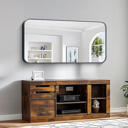 Image of KOCUUY Black Bathroom Vanity Mirror, 24 x 48 inch Metal Frame Mirror with Rounded Corner, Rectangle Design of Upgraded Shatterproof Glass for Bathroom, Bedroom, Living Room, Entryway
