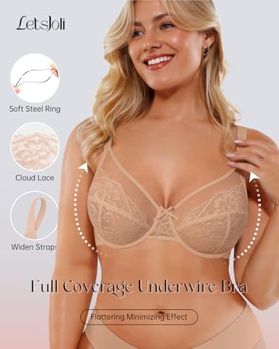 Image of LetsJoli Minimizer Bras for Women Full Coverage Lace Underwire Plus Size | Supportive Bras for Older Women, Unlined Cup, Cool Soft Comfort, Tshirt Everyday Bra, Sexy