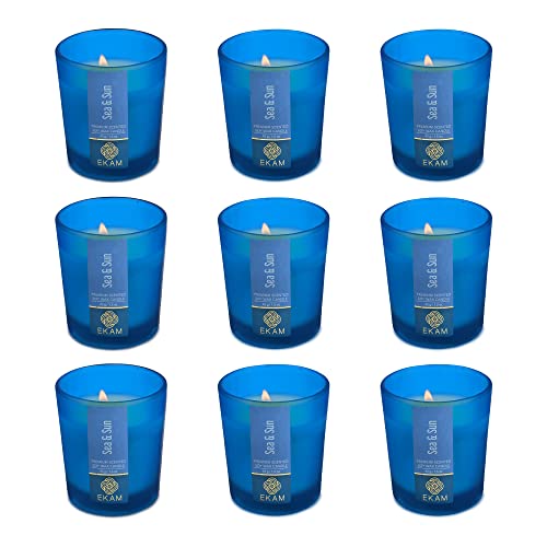 Image of EKAM Sea & Sun Votive Soy Wax Scented Candle, 40 Grams, 10 Hours Burn Time| Long Lasting Premium Candles | Ideal for Home Decor | Gifting & Aromatherapy (Pack of 9)
