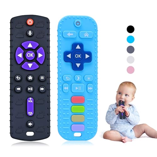 2 Piezas Mordedor Bebe, Juguetes Bebes 6 12 Meses, Mando Juguete Bebe de Silicona con Clip de Chupete y Botones Pulsables, Suave Juguetes Montessori Bebe 6 12 Meses, Negro y Azul