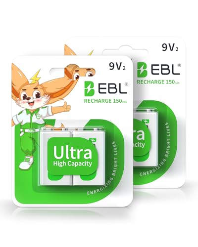 EBL 9V Rechargeable Batteries, 150mAh Ni-MH, 4-Pack - Long-Lasting 9 Volt Batteries for Smoke Detectors, Toys, and Electronics