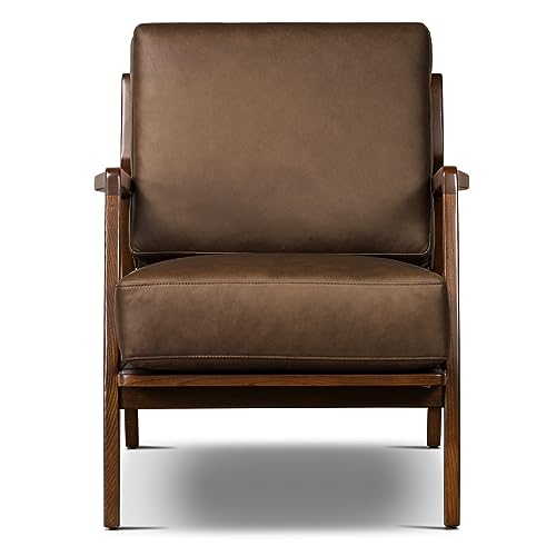 Image of Poly & BARK Verity Leather Accent Chair - Armchair with Walnut Wood Frame - Fashion-Forward Lounge Seating for Living Room - Upholstered in Cocoa Brown Leather for Modern Style