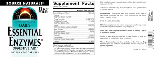 Source Naturals Essential Enzymes 500mg, Bio-Aligned Multiple Enzyme Supplement Herbal Defense for Digestion, Gas, Constipation & Bloating Relief - Digestive Aid* - 360 Capsules, 360 Servings