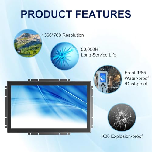 Image of Multi-Touch Industrial Touch Screen Monitor 18.5 Inch Multi-Touch Open Frame Display, 1366x768 IP65 Waterproof IK08 Impact-Resistant Monitor with HD-MI VGA Port, 16:9 Black