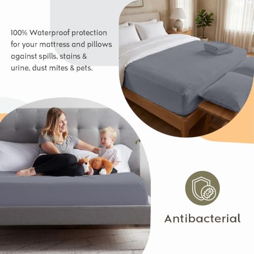 Image of AYKA Combo Pack Waterproof Mattress Protector & 2 Pillow Protectors | King Size 78x72 Inch | 100% Waterproof Terry Bed Protector | Breathable, Noiseless Mattress & Pillow Covers | 6.5 x 6 ft | Grey