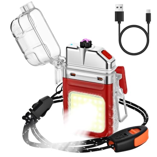 Vicloon Accendino Impermeabile 3 Modalità, Accendino Ricaricabile Dual Arc Plasma, Antivento Impermeabile Elettrico Plasma con Fischietto di Emergenza e Cordino per Campeggio (Rosso)
