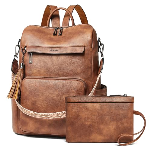Shrrie Mochila feminina de couro vegano para laptop de 15,6 polegadas, mochila de viagem moderna para viagem, trabalho na faculdade, 2 tons marrons, Moderna, tradicional