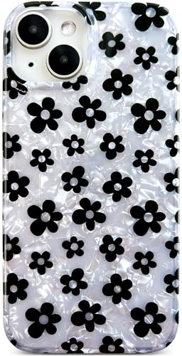 Qokey for iPhone 15 Case(2023 6.1"), Stylish, Black Daisy on White Shell