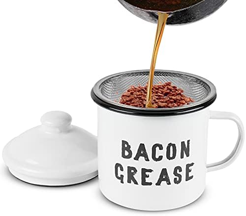 HOOMUU Bacon Grease Container with Fine Strainer - Farmhouse Style White Enamel Can for Kitchen Counter Storage Decor - Durable & Easy to Clean Cooking Oil Keeper 4 X 4 Inch