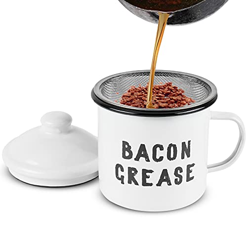 Hoomuu Bacon Grease Container With Fine Strainer - Farmhouse Style White Enamel Can For Kitchen Counter Storage Decor - Durable & Easy To Clean Cooking Oil Keeper 4 X 4 Inch #TOP20