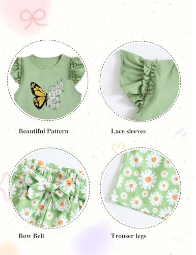 Image of mksodop Girls outfits 2-Piece ruffled short sleeve butterfly floral print high waist floral shorts girls summer clothes