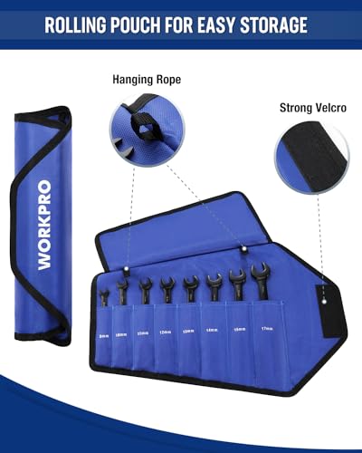 Image of WORKPRO 8-piece Ratcheting Combination Wrench Set, Metric & Anti-Slip Tooth | Metric 8-17mm, 180 Flex-Head, 72-Tooth Cr-V Steel, Black Electrophoretic Coating with Rolling Pouch for Auto Repair & DIY