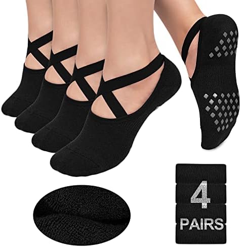 Pilates Socks Yoga Socks with Grips for Women Non-Slip Grip Socks for Pure Barre, Ballet, Dance, Workout, Hospital,4 Pairs Black,S-M