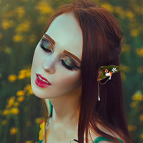 Freshme Forest Fairy Elf Ear Cuffs - Soft Silicone Elf Ears Handcrafted With Moss Flower And Mushroom Non Pierced Woodland Earrings Teardrop Crystal Dangle Ear Clips Wraps Women Girls Cosplay Costume #TOP1