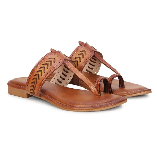 Image of Women's Kolhapuri Chappal Flats | Two-Tone Leatherette Ethnic Sandals with Toe Ring | Comfortable Handcrafted Traditional Slip-On Slippers for Ladies