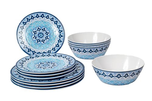 Abode Homewares Blue Fontana - Juego de vajilla de melamina de 12 piezas, 4 platos llanos, 4 platos de ensalada, 4 cuencos, apto para lavavajillas, duradero