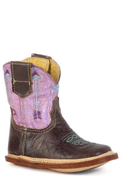 ROPER Infants Cowbabies Western Boots, Brown Leather Vamp with Metallic Purple Shaft, Arrow Embroidery, 3.5 Inch Shaft,3