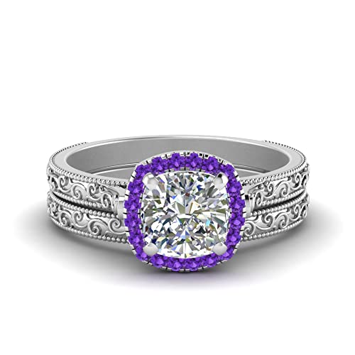 Image of Choose Your Gemstone Hand Engraved Halo Cushion Wedding Ring 925 Sterling Silver Cushion Shape Wedding Ring Sets Matching Jewelry Wedding Jewelry Easy to Wear Gifts US Size 4 to 12