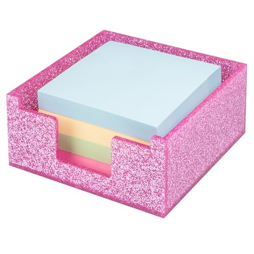 Luminzo Akrylowy uchwyt na karteczki samoprzylepne, 10 x 10 cm, organizer na karteczki samoprzylepne do biur, szkół i biurka w domu, różowy