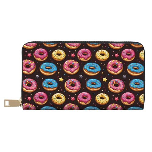 Leather Thin Slim Wallets for Women Men - Fashion Cartoon Colorful Donuts Print Card Wallet Holder with Zipper