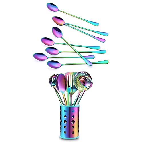 Kya55 Marco Almond Rainbow Titanium Long Handle Spoons,Pack Of 8 + Kya52B 7 Pcs Stainless Steel Cooking Utensils Sets With Titanium Plated #TOP22