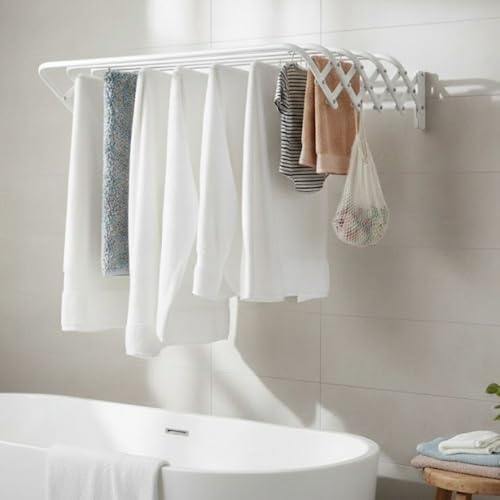 Image of HomeCloud Premium Wall-Mounted Stainless Steel Expandable Clothes Drying Rack | Heavy-Duty Accordion Collapsible Cloth Hanger (White)