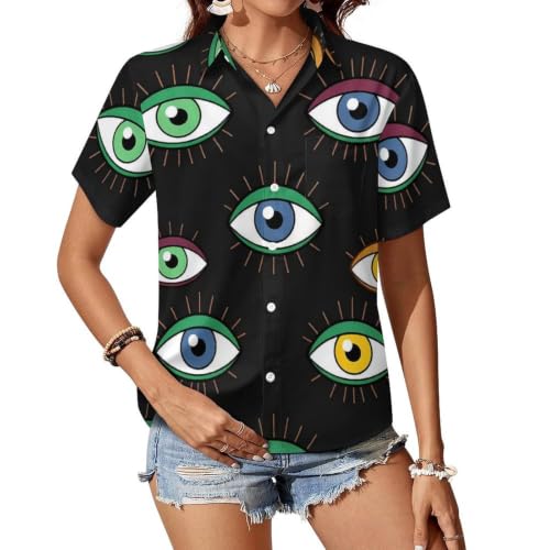 Lightweight Women's Button Down Top Collared Casual Fit for Vacation Versatile Shirt Retro Mystical Colorful Eyes Black Pattern 2XL
