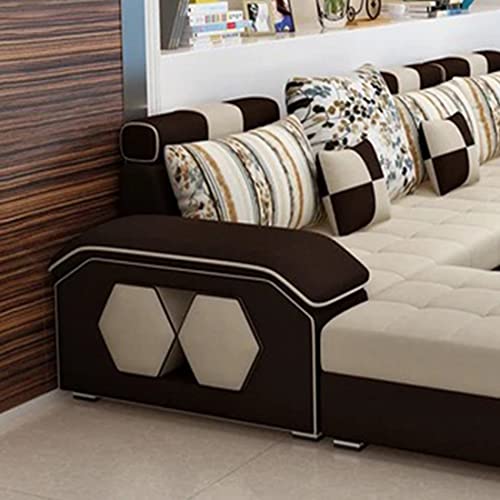 Image of Silvester 12 Seater Sofa Set for Living Room (Cream-Brown) | Interchangeable U Shape Sectional Sofa | Solid Wood Frame & High-Density Supersoft Foam | Includes Puffy & Stool | Modern Home Furniture