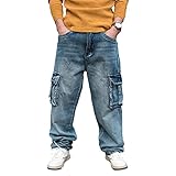 LUOBANIU Men's Cargo Baggy Jeans with Multiple Pockets Tactical Joggers Utility Work Pants Relaxed Fit for Outdoor Streetwear 1908 Light Blue 32