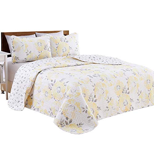 Great Bay Home 3-Piece Full/Queen Reversible Lightweight Quilt Comforter With 2 Shams | All-Season, Microfiber, Floral Bedspreads | Modern Yellow Flower Coverlet Sets | Helene Quilts Collection #TOP6