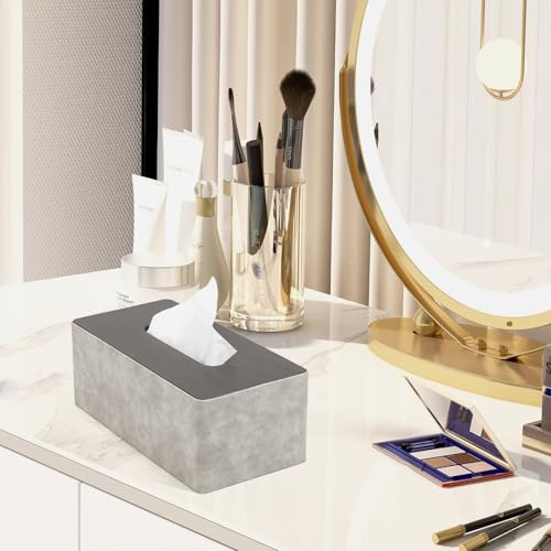 LARENNT PU-Leder Taschentuchbox, 24×12×9cm quadratische Kosmetiktücher Box, Taschentücher Box Spender TissueBox Tücherbox für Zuhause, Bad, Wohnzimmer, Schlafzimmer, Auto, Büro (Grau & Holzmaserung)