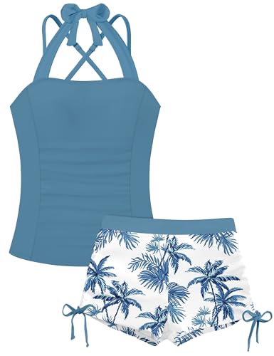 Image of Girls Swimsuit Two Piece Bathing Suit Ruffle Trim Swimsuits for Girls Tankini with Drawstring Shorts Swimwear 9-18Y