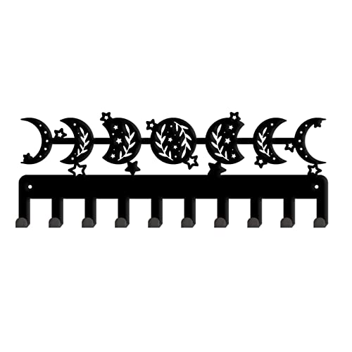 SUPERDANT Moon Phase Key Holder, Metal Wall Hanging Hooks, 10-Hook Rack, Gothic Decorative Hanger for Kitchen Bedroom, Mug