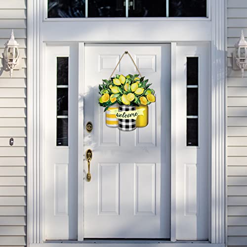Lemon Mason Jar Welcome Wooden Sign Spring Summer Front Door Decor Wood Hanging Door Sign Outdoor Wooden Front Door Decorations For Farmhouse Porch Outdoor Decoration (Lemon Style) #TOP6