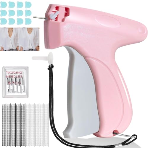 Image of stitching gun for clothes fixer tool- Handheld Quick Stitch Sewing Gun Clothing Price Label - Tag Gun - Includes 5 Needle, 1000 Black Fasteners & 1000 White Fasteners,50 bear button (Pink) (Pink)