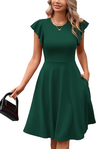 Image of MSLG Women's Fit and Flare Ruffle Short Sleeves Dresses Work V-Back Cocktail Semi Formal A Line Dress with Pockets 842