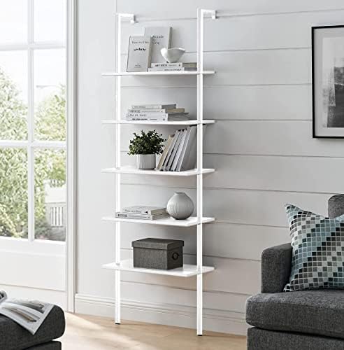 ACLULION 5 Tier Wall Mounted Ladder Shelves, Industrial Ladder Bookcase with Metal Frame and Wood Shelf, Modern Learning Bookshelf for Living Room, Bedroom, Office (24″ W x 12″ D x 71″ H, White)