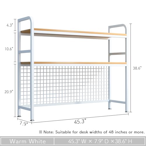 IOTXY 2-Tier Metal Desk Shelf Bookcase for Office or Dorm, White, 45.3" W - Countertop Storage Organizer Rack with Grid 