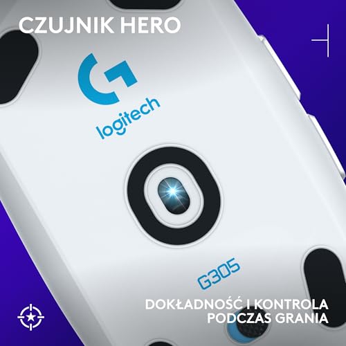 Logitech G G305 LIGHTSPEED, bezprzewodowa mysz do gier, czujnik HERO 12K, 12 000 DPI, lekka, 6 programowalnych przycisków, żywotność baterii 250 h, pamięć wbudowana, PC/Mac - Biały
