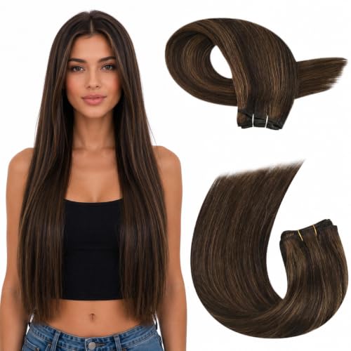 Image of Moresoo Real Human Hair Weft Extensions, Highlights Brown, 22 Inch 100g | Soft Remy hair provides dimensional coverage, ideal for formal occasions, professional photoshoots and elegant updos