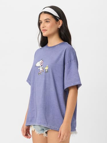 Image of The Souled Store Peanuts: Snoopy Women and Girls Short Sleeves Round Neck Blue Graphic Printed Cotton Oversized T-Shirts