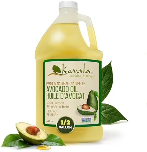 Kevala Avocado Oil – Cold Pressed | Non‑GMO Project Verified & Kosher Certified | Neutral Flavour for High Heat Cooking & Skincare | Multipurpose Vegan Oil – 64 Fl Oz | 1/2 Gallon